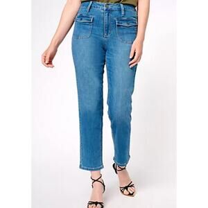 NWT Susan Graver Straight Leg Jean with Patch Pockets MEDIUM WASH QVC